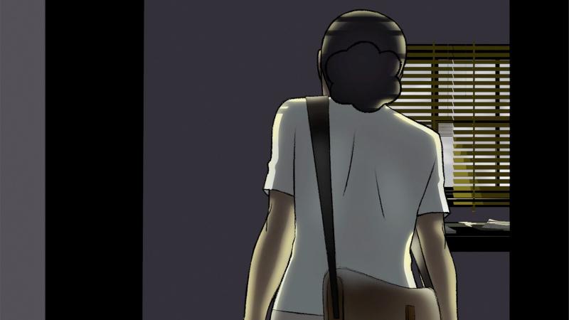 Still from animation showing Renee from the back as she enters her bedroom.