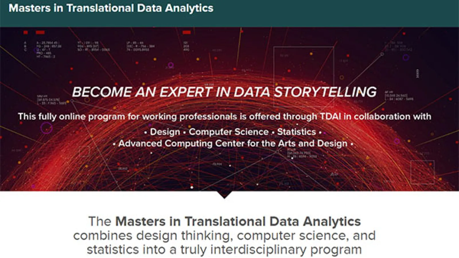 An image describing what the Masters in Translational Data Analytics offers, including its status as fully online, and combination of computer science, design thinking, and statistics 