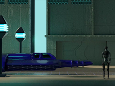 Still from the film of a robotic figure standing in the environment looking at a floating futuristic vehicle